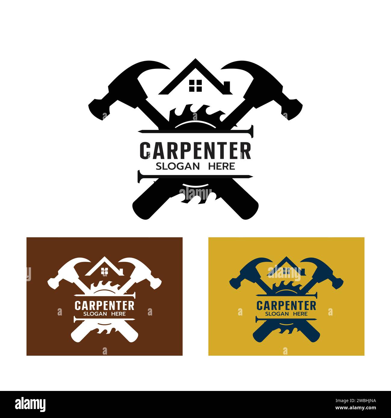 Carpenter Logo template with House,Saw, Hammer Construction Building Carpentry logo concept on white background Vector illustration Stock Vector