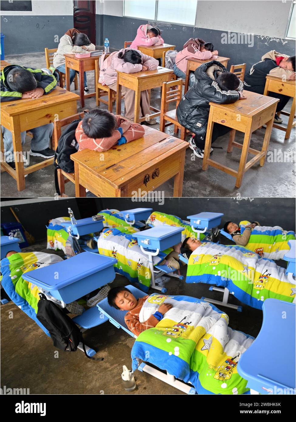 Changsha. 10th Jan, 2024. This combo photo shows sixth graders taking a nap at their desks on Dec. 28, 2023 (above) and on foldable chairs on Jan. 10, 2024 (below) during the noon break at a primary school in Liuyang City, central China's Hunan Province. A batch of foldable chairs have been put into use at the classrooms of a primary school in Longfu Town of Liuyang City. The chairs, which can be laid down when students need to take a nap at noon, can greatly improve the sleeping quality of students. Credit: Chen Zeguo/Xinhua/Alamy Live News Stock Photo