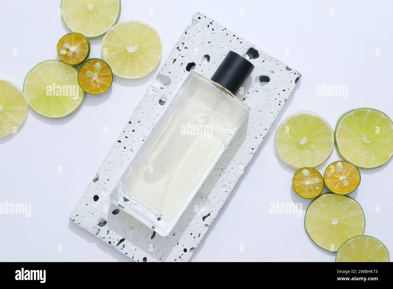 View from above of an unlabeled spray bottle displayed with round