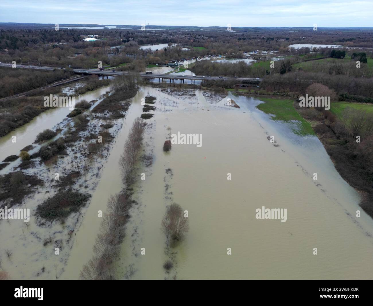 Flooding is still a problem in Peterborough after the River Nene breached its banks at Orton Mere in Peterborough, Cambridgeshire, on 8th January 2024. Stock Photo