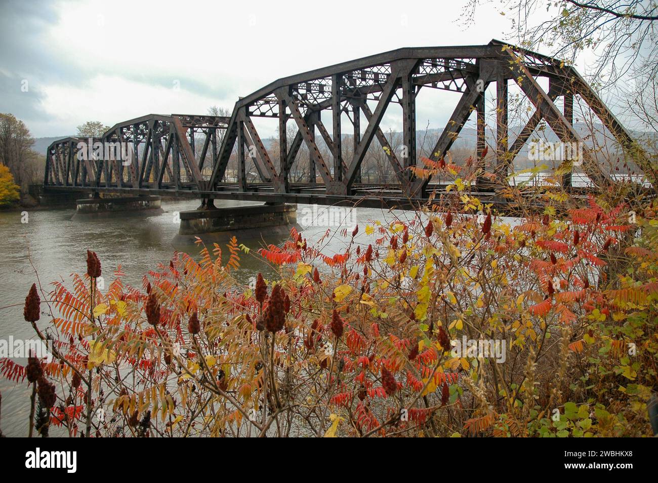 The Train trestle bridge across the Allegheny River, Warren, PA Stock