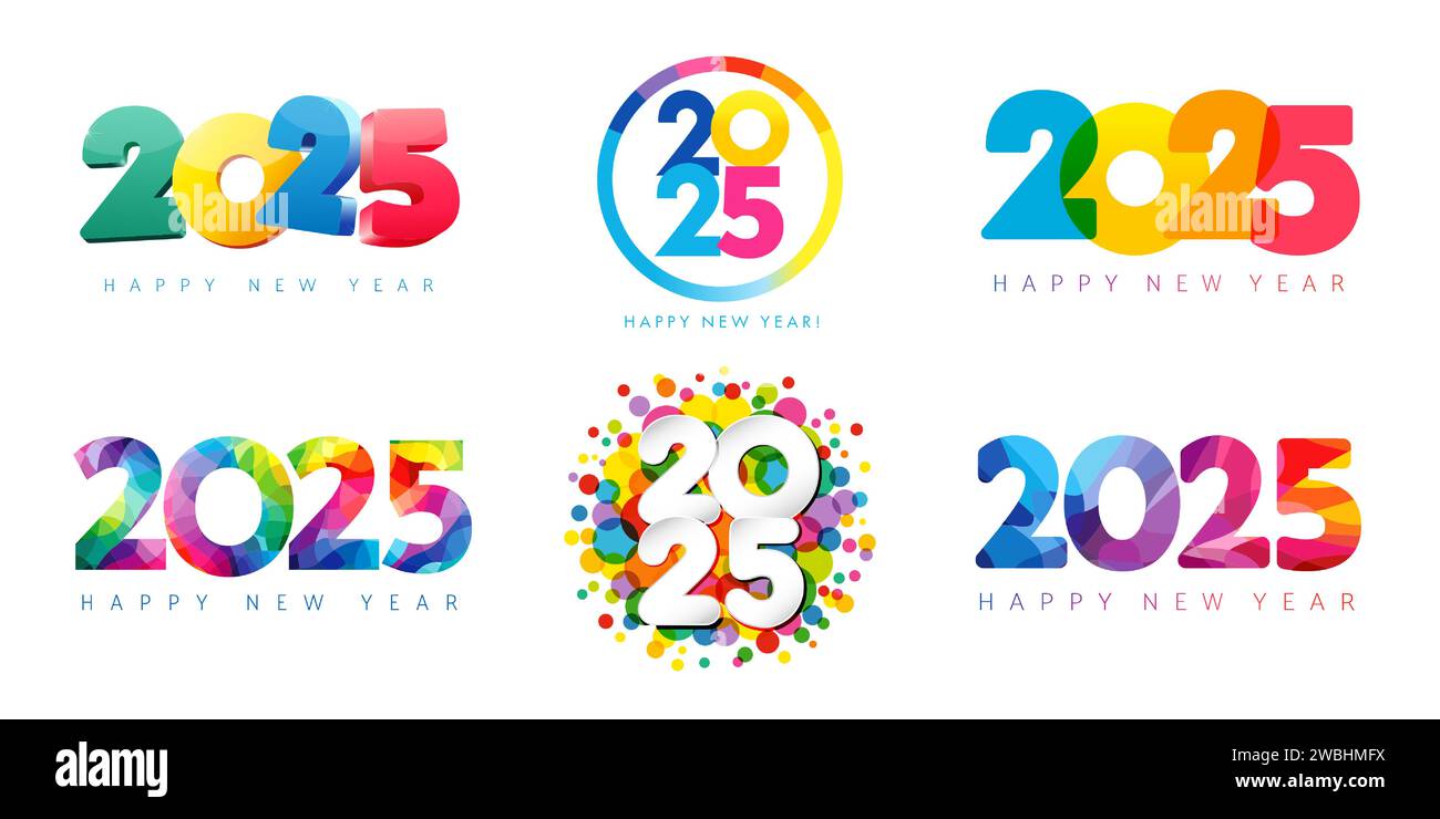 2025 colorful big set of Happy New Year logo design. Happy New Year numbers 3d, round, watercolor, stained glass, colored confetti and facet. Calendar Stock Vector