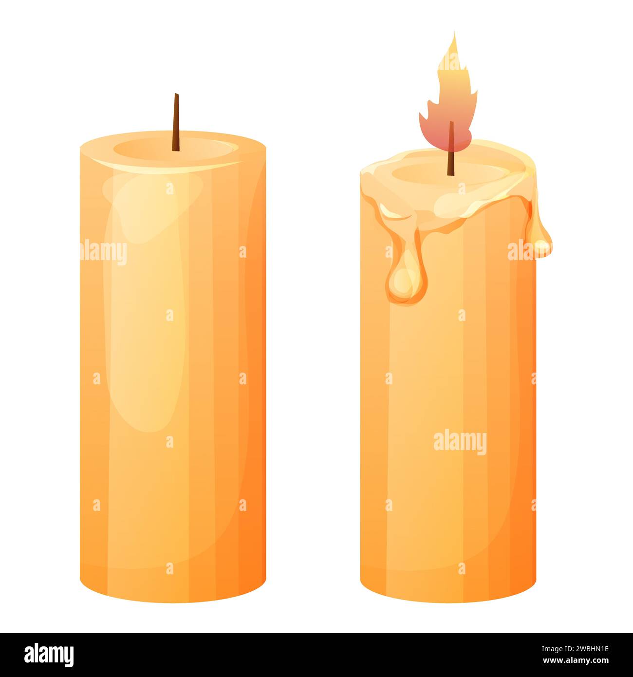 Wax candle with fire, flame in cartoon style isolated on white