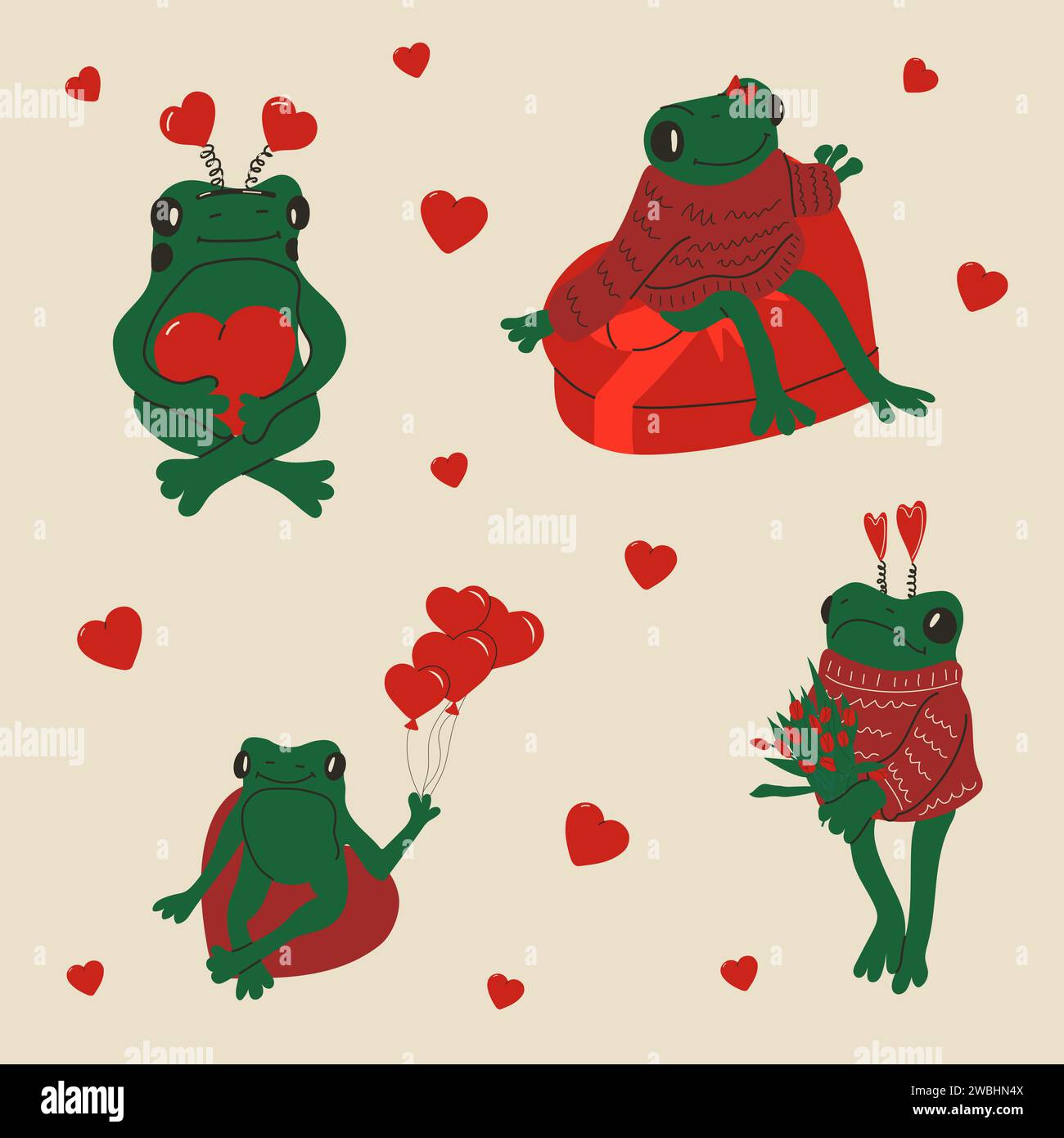 Valentines day.Seamless patern of cute smile face frog with heart