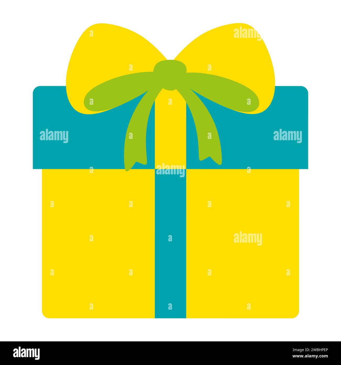 Colorful sticker with yellow and blue gift box and bow. Cute Surprise ...