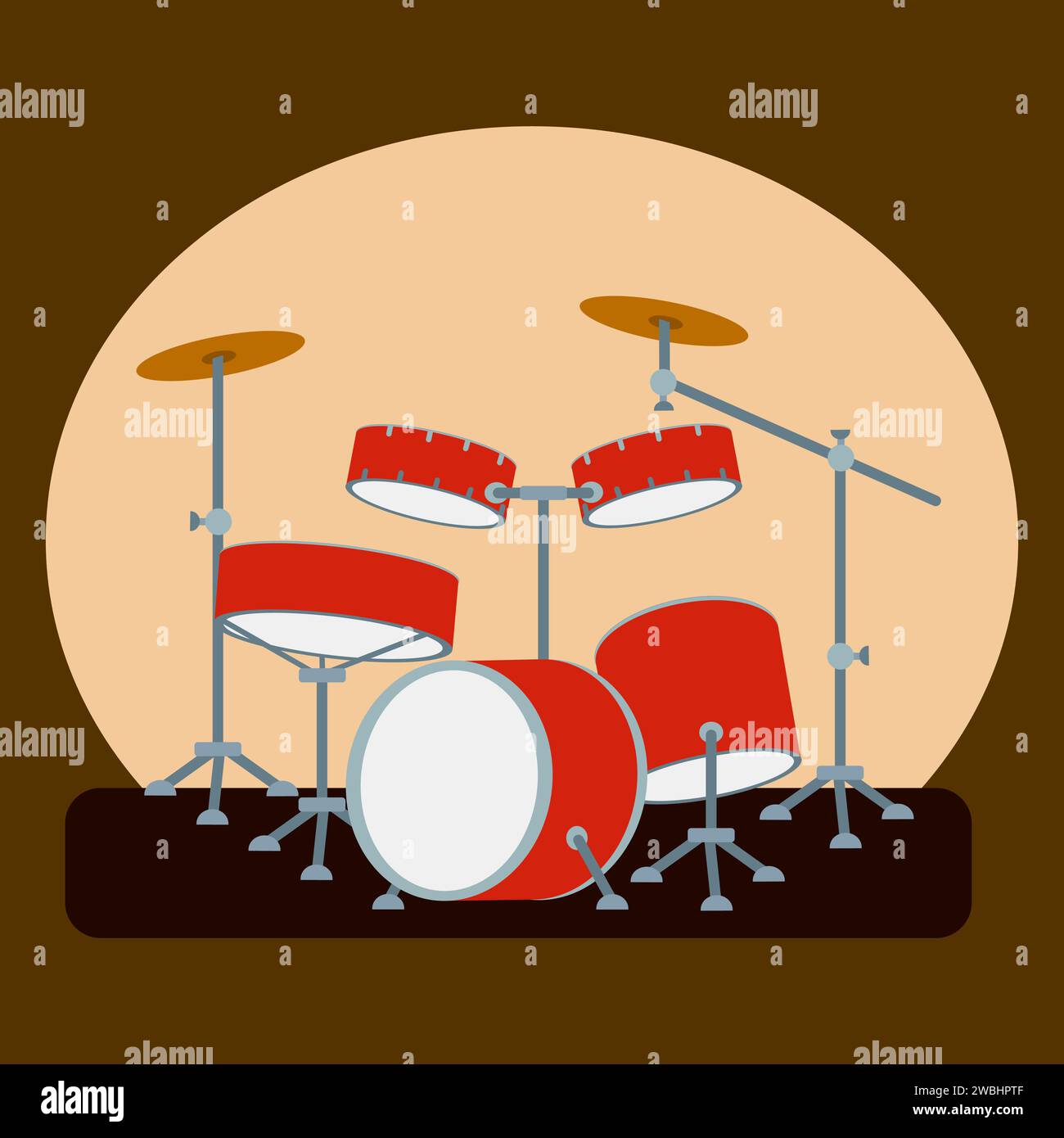 Drum kit on a Stage. Drums, Musical instruments Set in Flat Cartoon