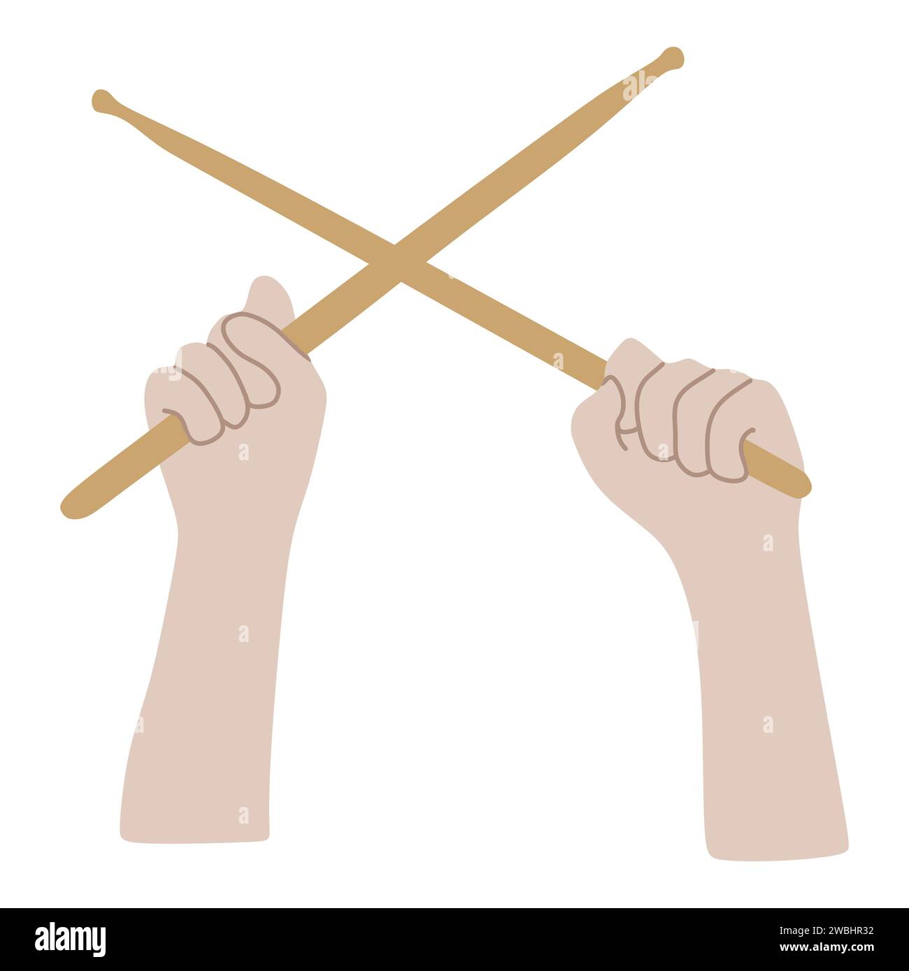 Hands holding Crossed Wooden Drum sticks. Arms with drumsticks Isolated