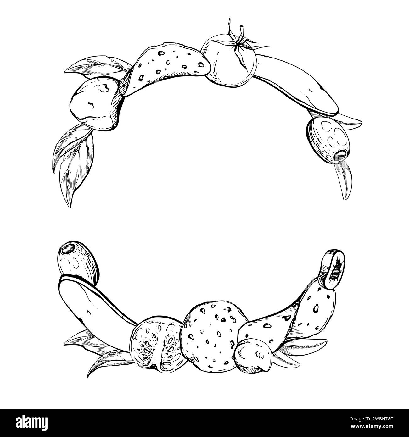 Hand drawn vector ink illustration. Pizza ingredients mozzarella cheese