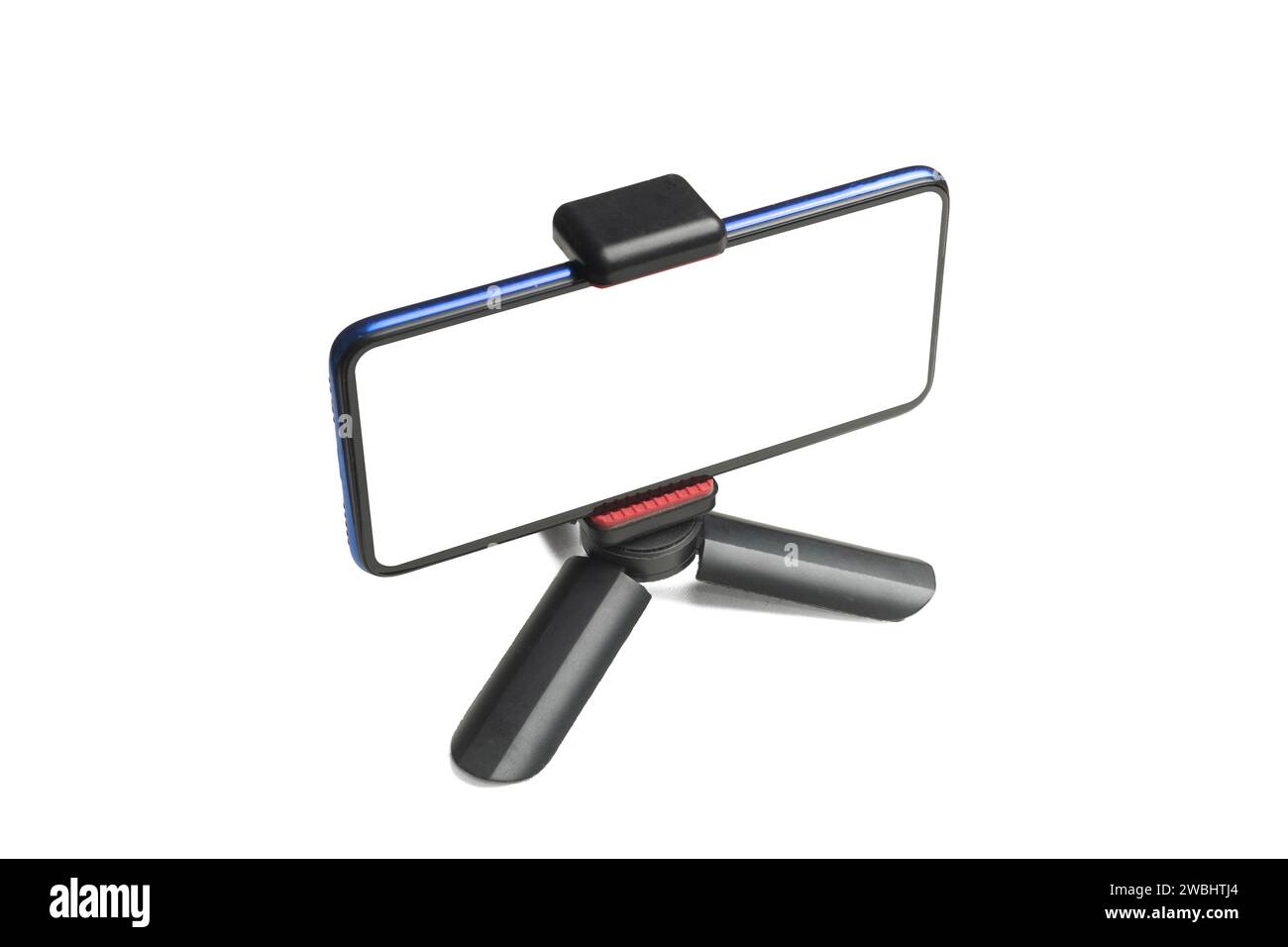 Blank screen martphone on table tripod isolated Stock Photo