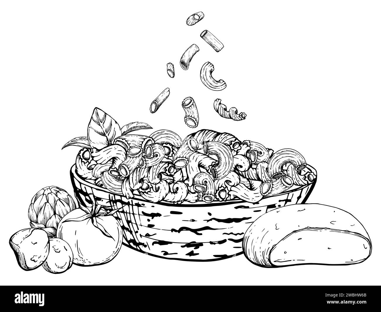 Hand drawn vector ink illustration. Pasta Italian cuisine dish, elbows ...