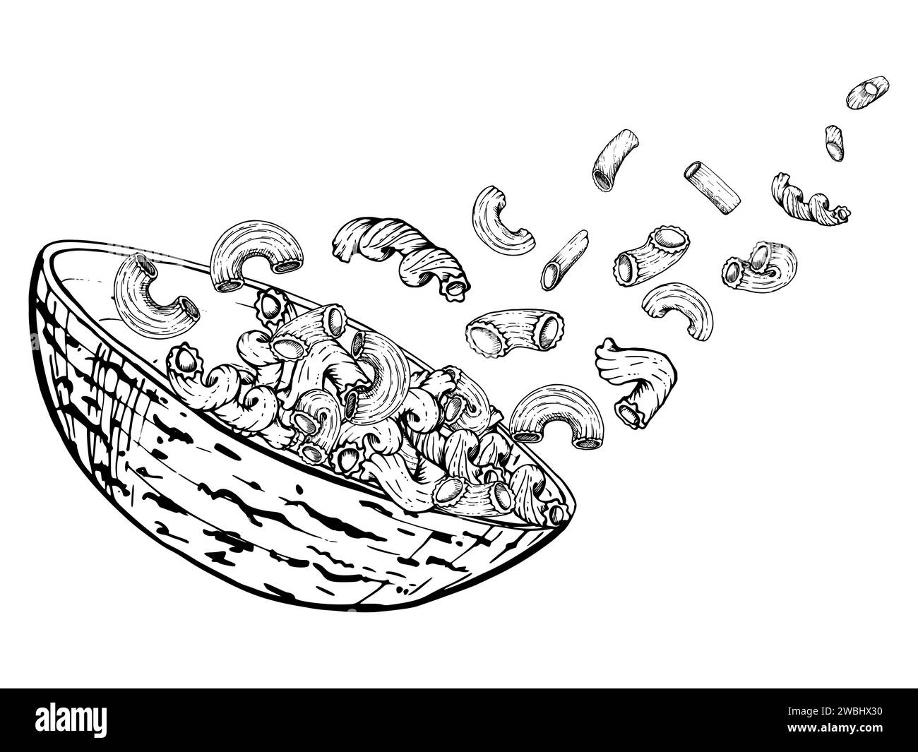 Hand drawn vector ink illustration. Pasta Italian cuisine dish elbows ...