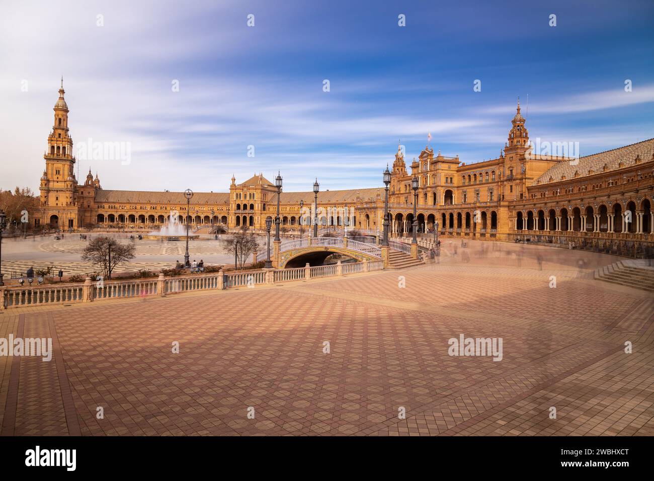 Long exposure of the iconic Plaza de Espana in the centre of Seville and the historical park Maria Luisa. Stock Photo