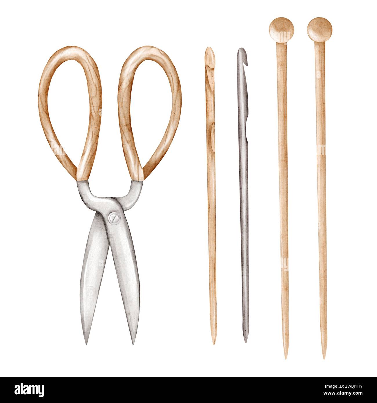 Scissors, metal and wooden crochet hooks, wooden knitting needles