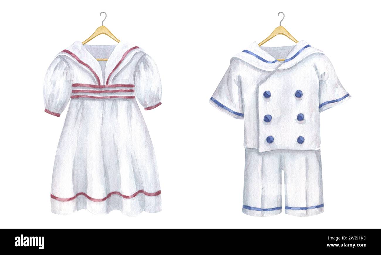 Kids white sailor costume, antique clothing for little boy girl. Marine shirt, shorts, dress on wooden hanger. Hand drawn watercolor illustration Stock Photo