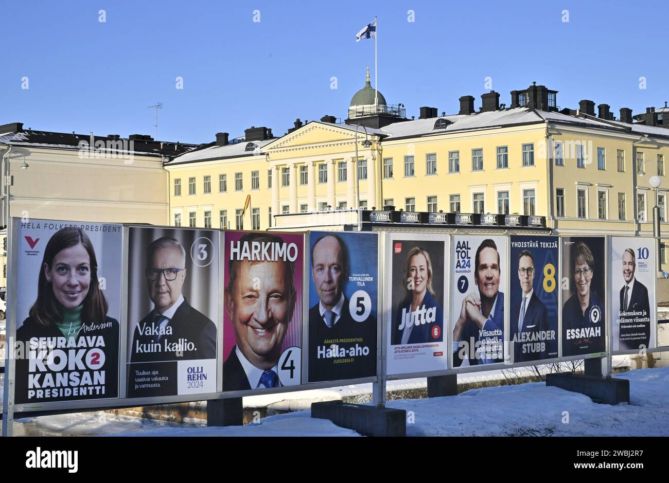 Helsinki, Finland. 11th Jan, 2024. The campaign posters of the Finnish presidential candidates