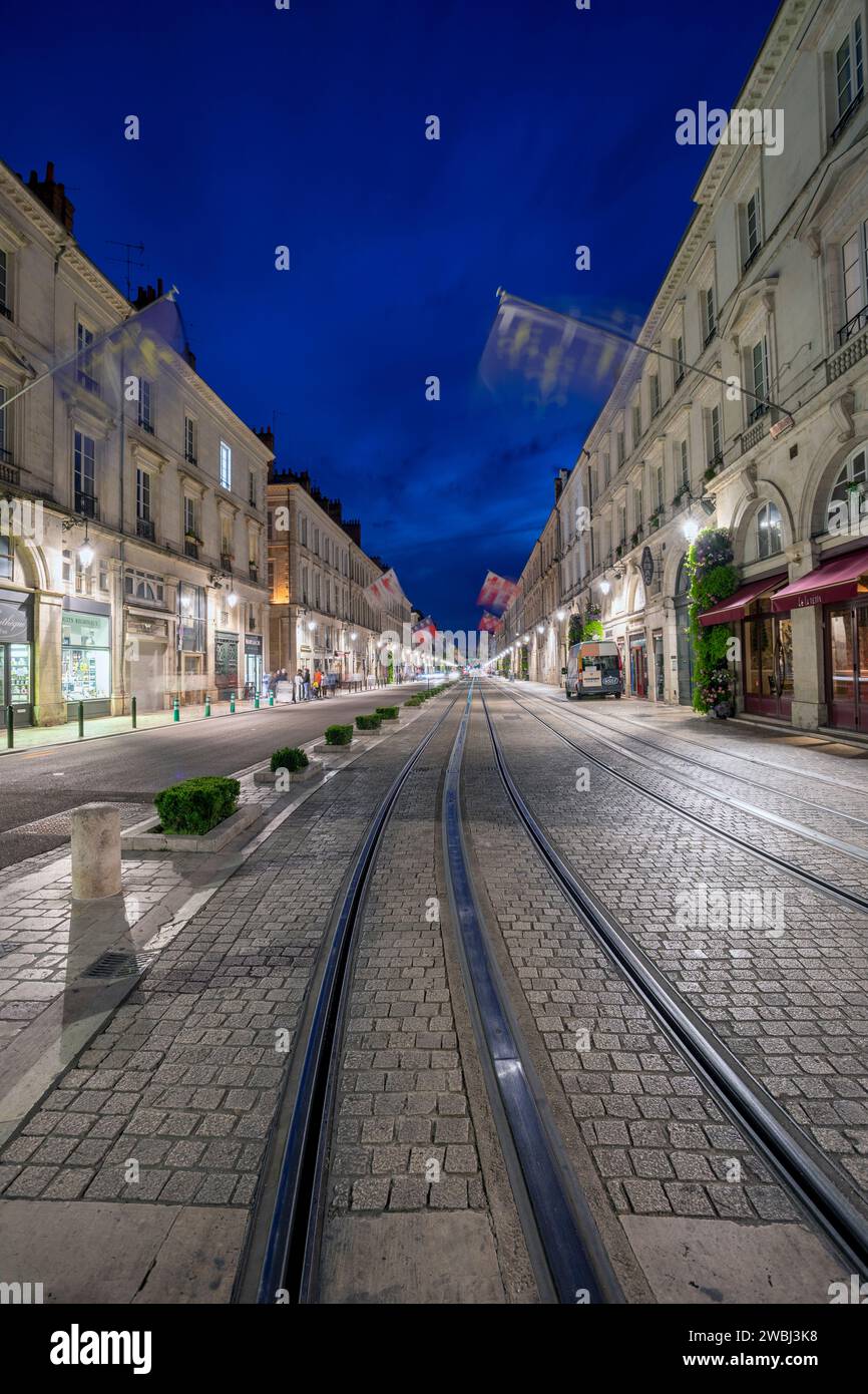 Europe, France, Centre-Val de Loire Region, Orléans, Rue Jeanne d'Arc (Joan of Arc Road) at Night Stock Photo