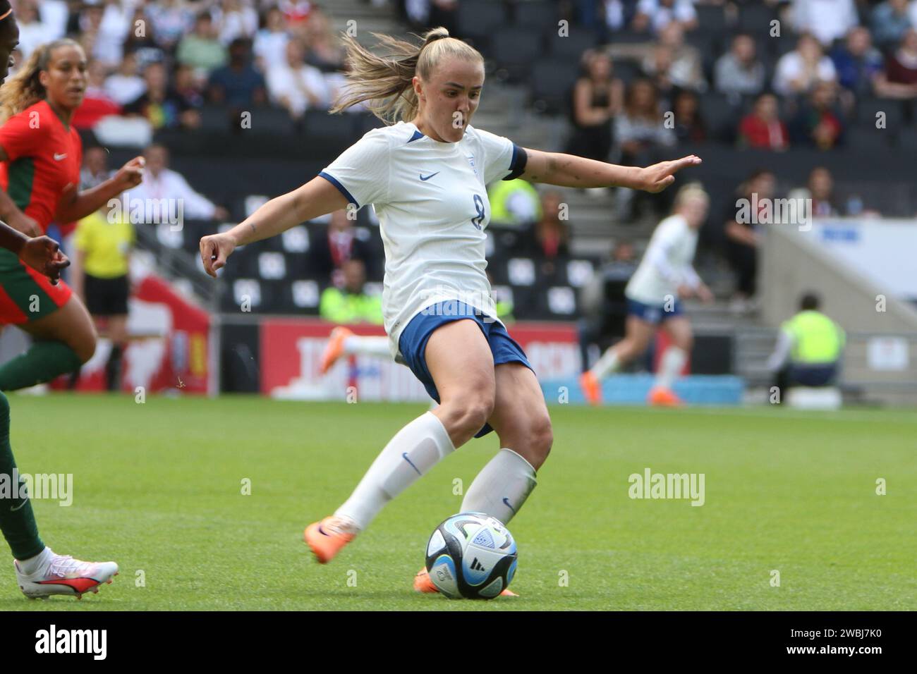 Georgia Stanway passes the ball during England Lionesses women's football team v Portugal, at Stadium MK, Milton Keynes, 1 July 2023 Stock Photo