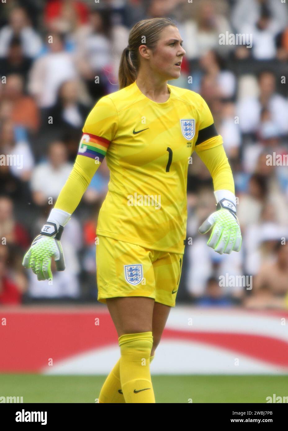 Mary Earps goalkeeper wearing rainbow captain's armband England