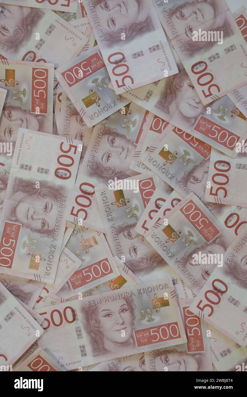 Close-up of Swedish 500 Krona notes, highlighting Sweden's currency design Stock Photo