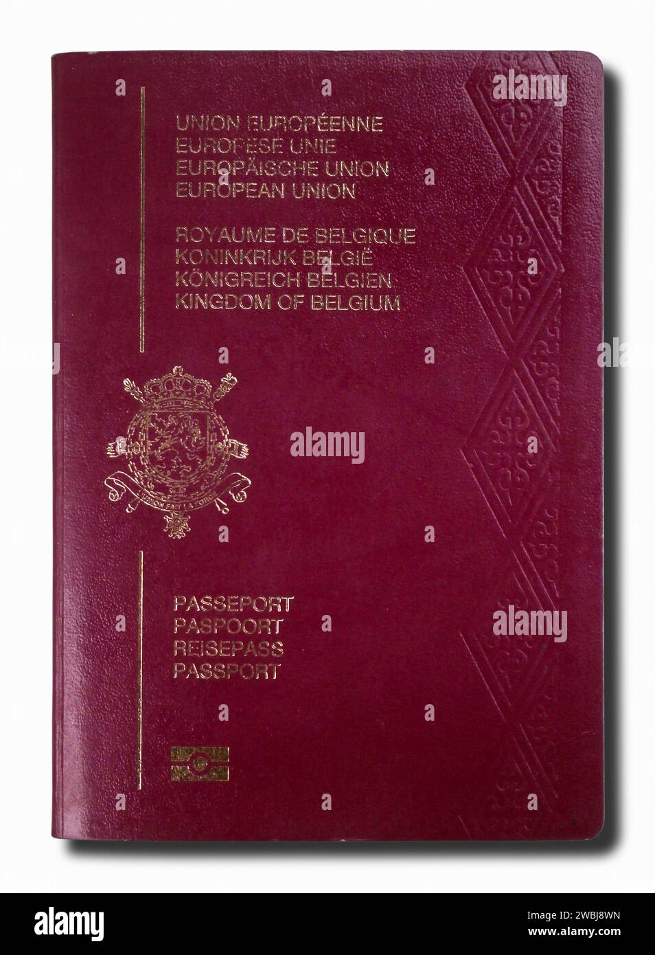 Closeup on a Belgian passport isolated on a white background Stock
