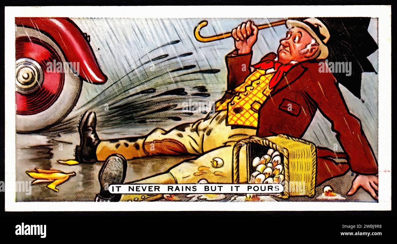 It Never Rains But it Pours Vintage Cigarette Card Illustration Stock
