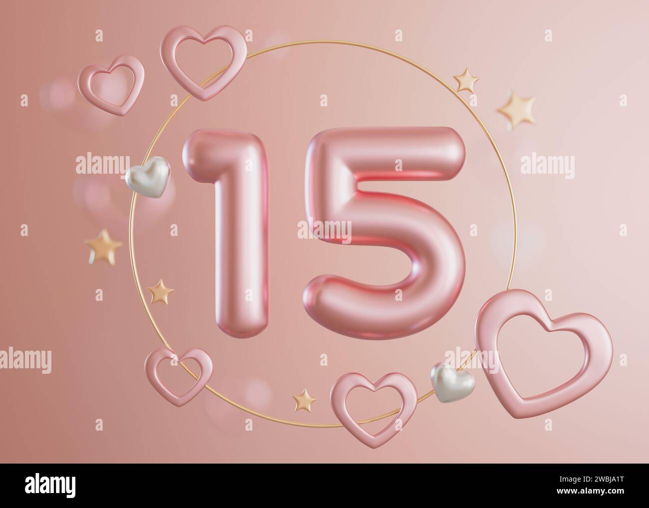 Shiny number fifteen with hearts and stars on light pink background. Symbol 15. Invitation for a girls fifteenth birthday party or women business Stock Photo