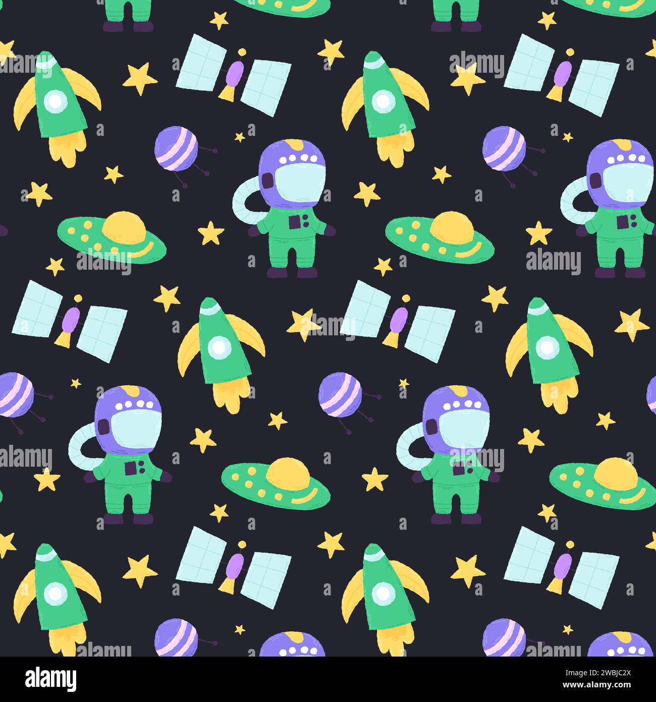 Baby cute seamless pattern with space elements on dark background. Hand ...