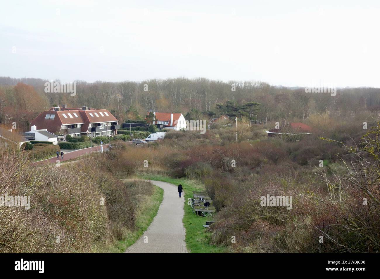 A serene pathway, flanked by charming cottages in the distance Stock Photo