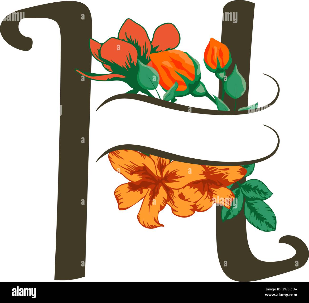 Rose and lily flowers isolated monogram with capital letter H designed on transparent background for greeting cards and wedding invitations Stock Vector