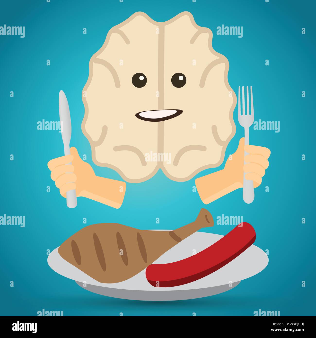 Cartoon vector brain with a knife and fork and with chicken drumstick and sausage on a plate
