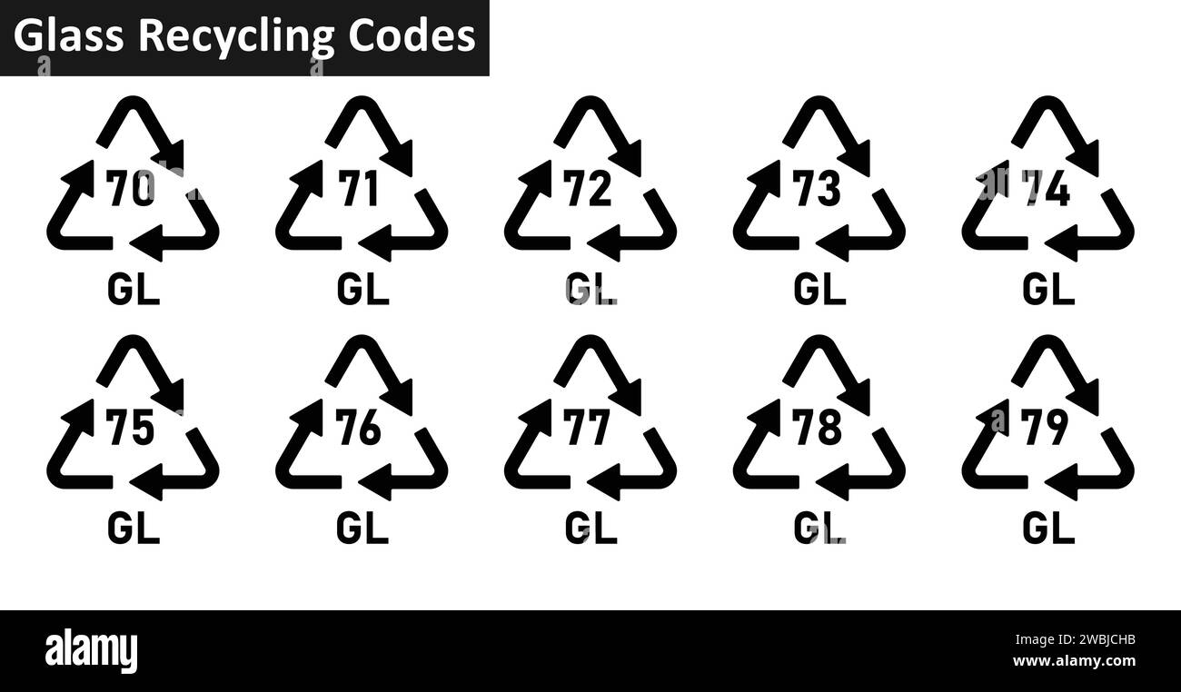Glass recycling code icon set. Glass and bottle recycling codes 7079