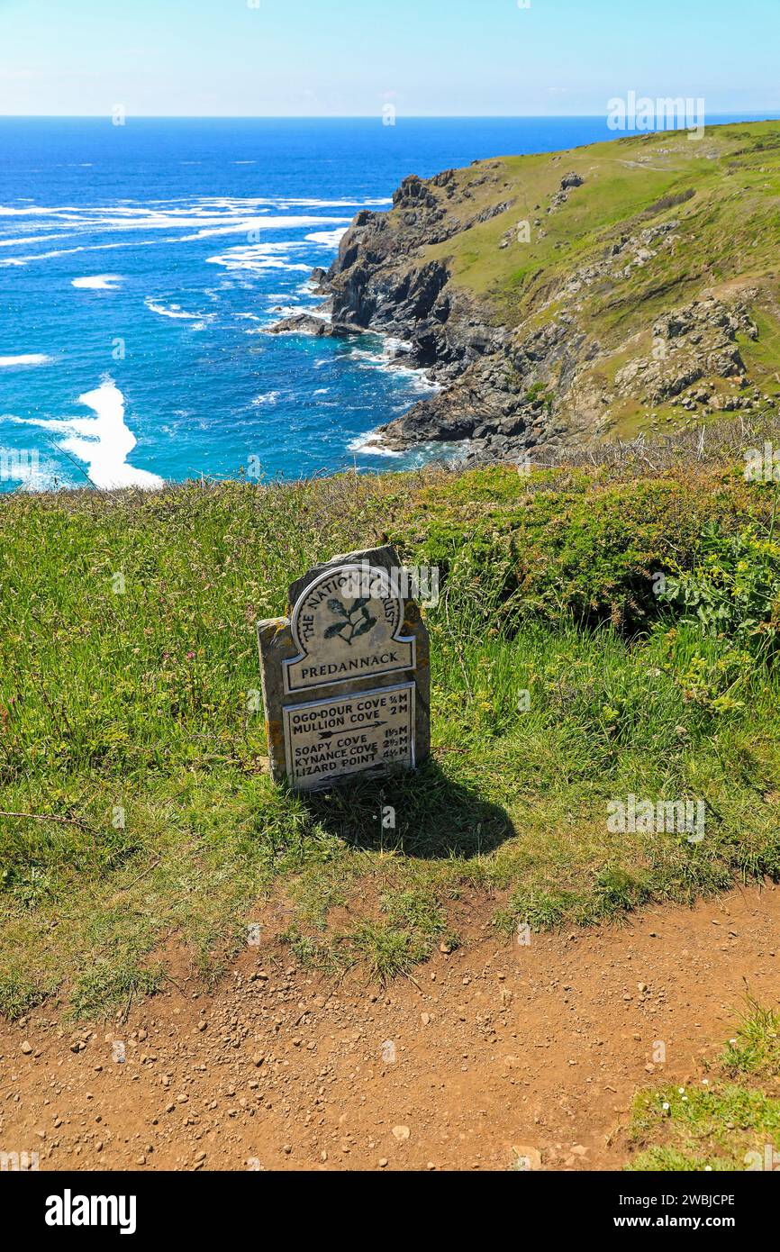 A National Trust footpath omega sign saying Predannack erected by The , Predannack, Cornwall, England, UK PHOTO TAKEN FROM PUBLIC FOOTPATH Stock Photo