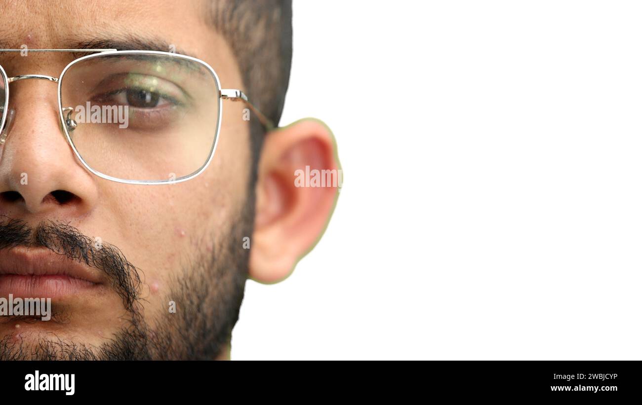 Man's face, on a white background, close-up Stock Photo