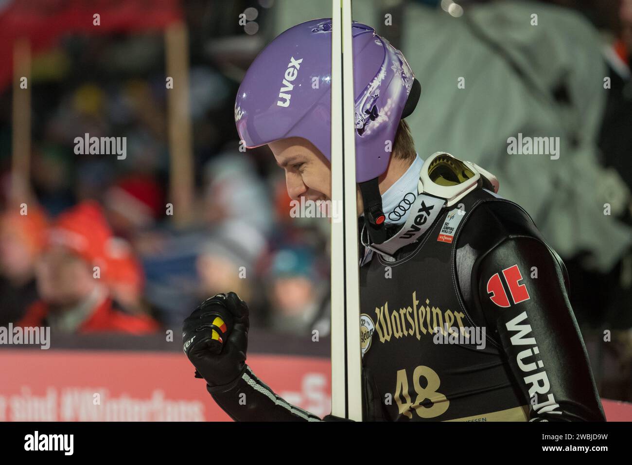 Andreas Wellinger Jubel, Freude, Jubilation, positiv, positively, FIS Skisprung Welt Cup in Willingen, Deutschland am 03.02.2018 Stock Photo