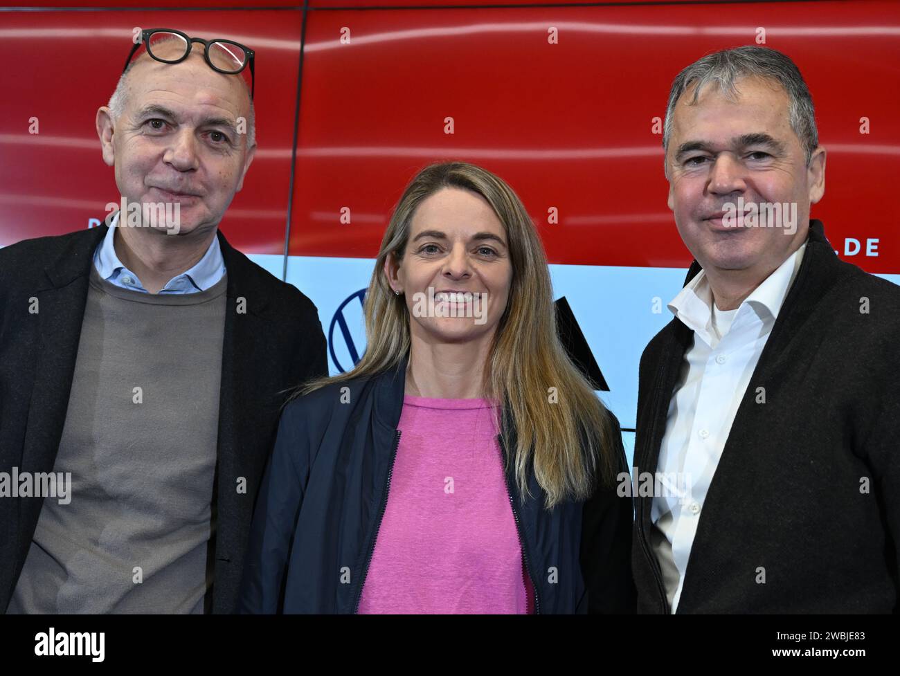 11 January 2024, Hesse, Frankfurt/Main: Nia Künzer (M), new DFB Sports Director for Women's Football, Bernd Neuendorf (l), President of the German Football Association (DFB), and Andreas Rettig, DFB Managing Director Sport, attend a press conference at the DFB Campus. The 43-year-old former national team player from Wetzlar took up the newly created post on January 1. Photo: Arne Dedert/dpa Stock Photo