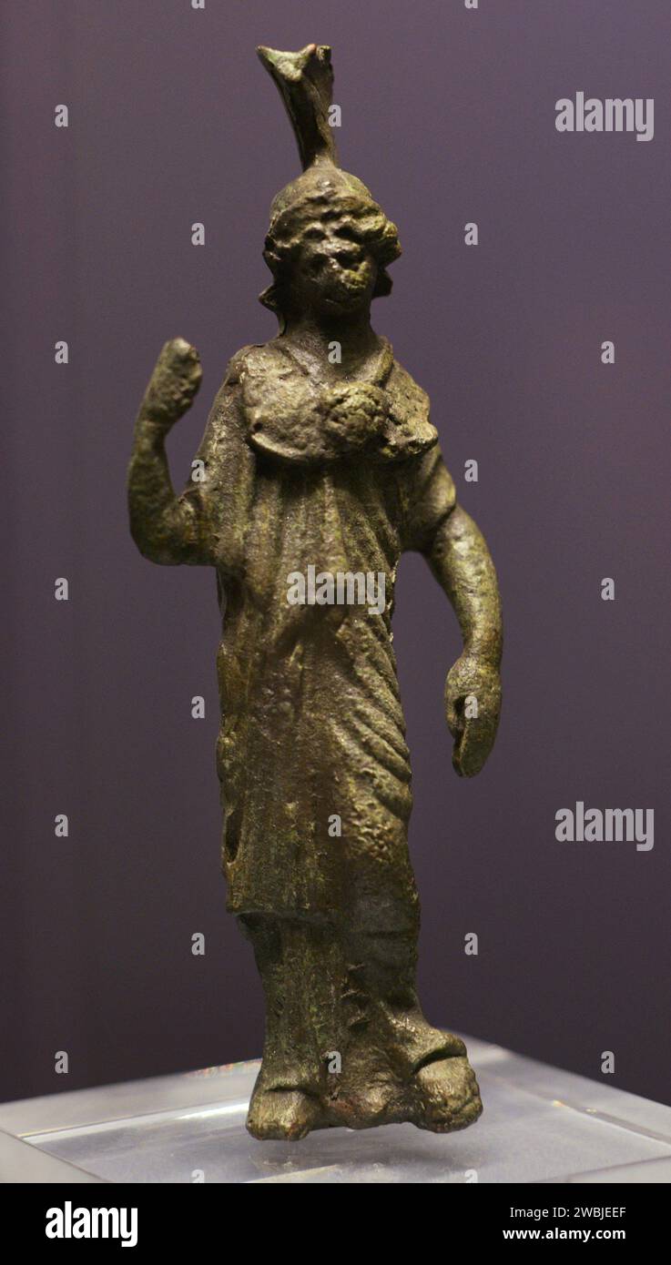 Statuette of Minerva. Bronze. Height: 13 cm. 2nd-3rd century AD. From the House of Cantaber, in the ancient Roman city of Conimbriga. Condeixa-a-Nova, Coimbra, Portugal. Conimbriga Monographic Museum. Condeixa-a-Velha, Portugal. Stock Photo