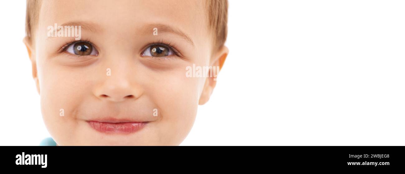 Child, portrait and closeup in studio or white background for happy ...