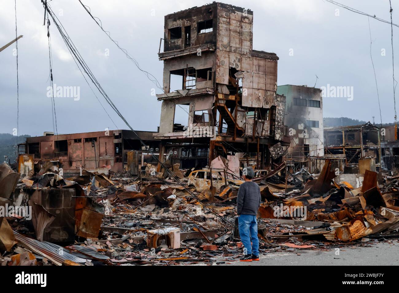 Ishikawa, Japan. 5th Jan, 2024. A view of destroyed buildings around the tourist spot Asaichi following a large-scale fire, in Wajima, Ishikawa Prefecture. At least 73 people have been confirmed dead in Ishikawa Prefecture due to the powerful magnitude-7.6 earthquake that struck the prefecture and surrounding areas on New Year's Day as rescuers continued searching for missing people. (Credit Image: © James Matsumoto/SOPA Images via ZUMA Press Wire) EDITORIAL USAGE ONLY! Not for Commercial USAGE! Stock Photo