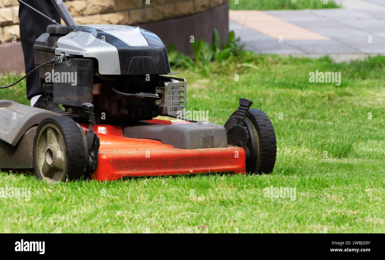 Lawn mower on the green grass. The gardener mows the lawn. Gardening Stock Photo