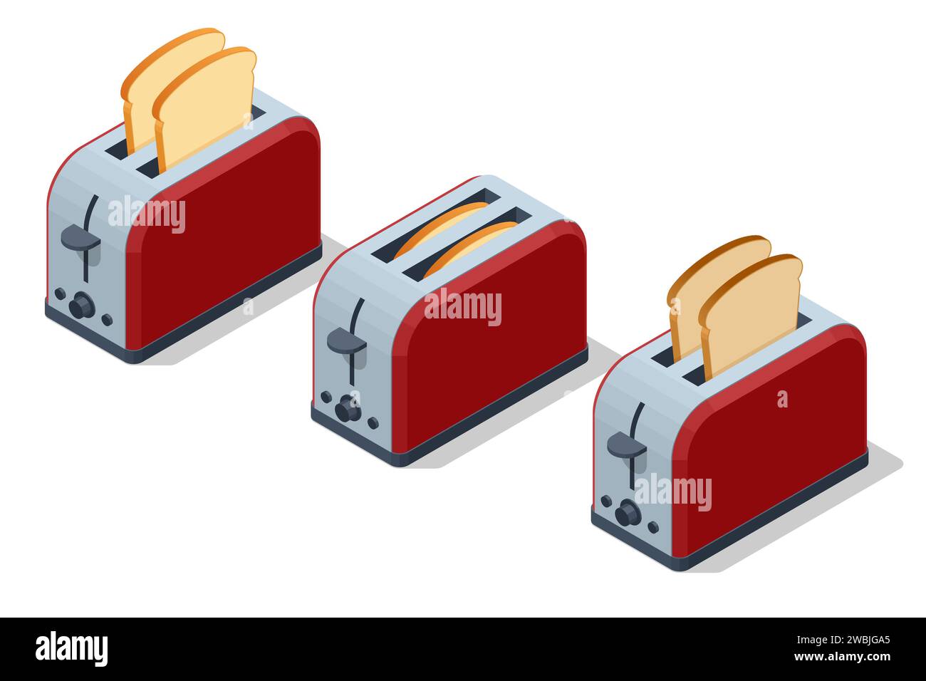 Isometric red toaster with toasted bread on white background. Fresh crispy wheat bread. An appliance for toasting bread. Stock Vector