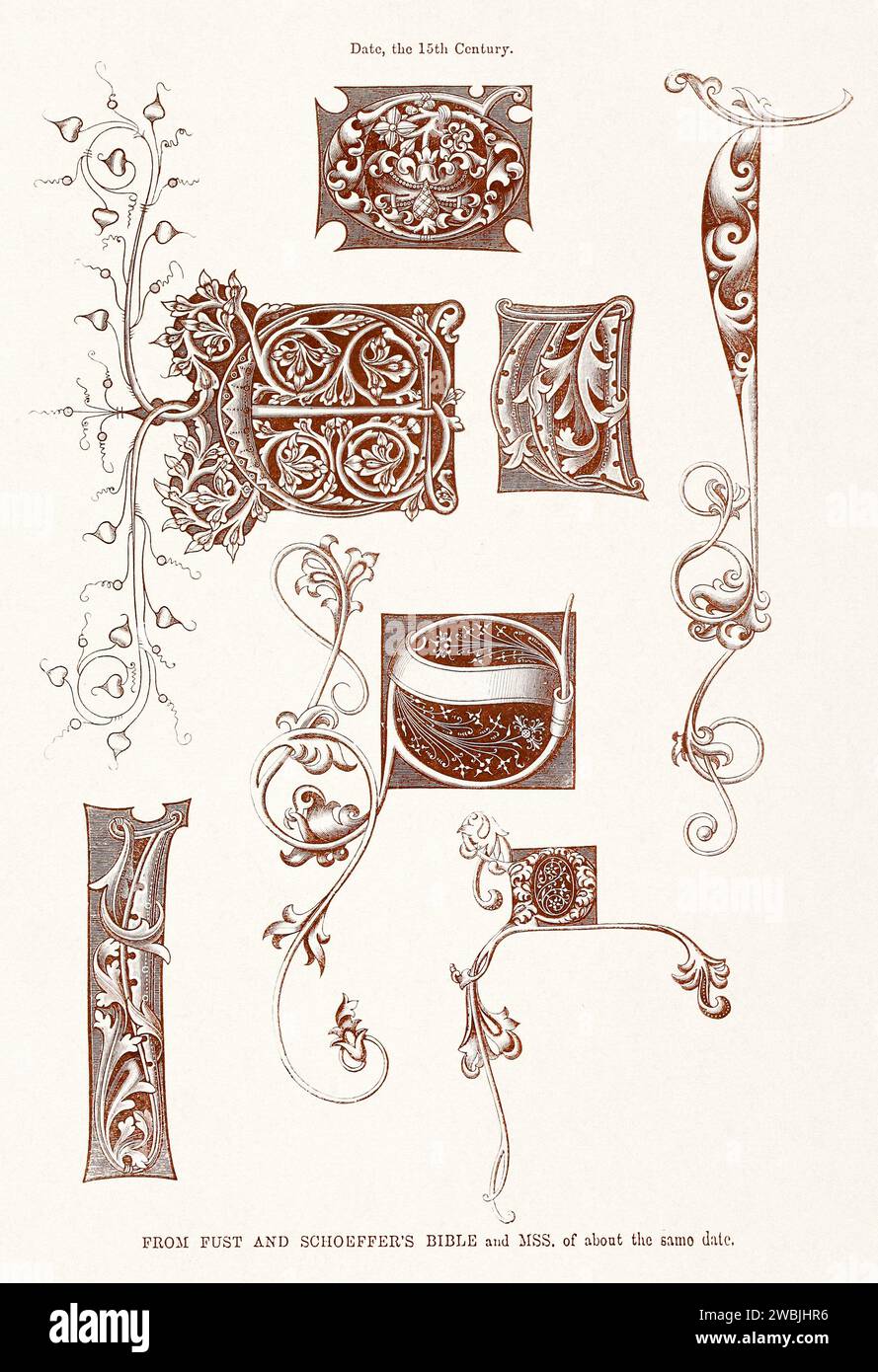 Medieval Alphabet initials. 19th-century book illustration showcasing ancient initials and decorative elements from medieval alphabets. Stock Photo