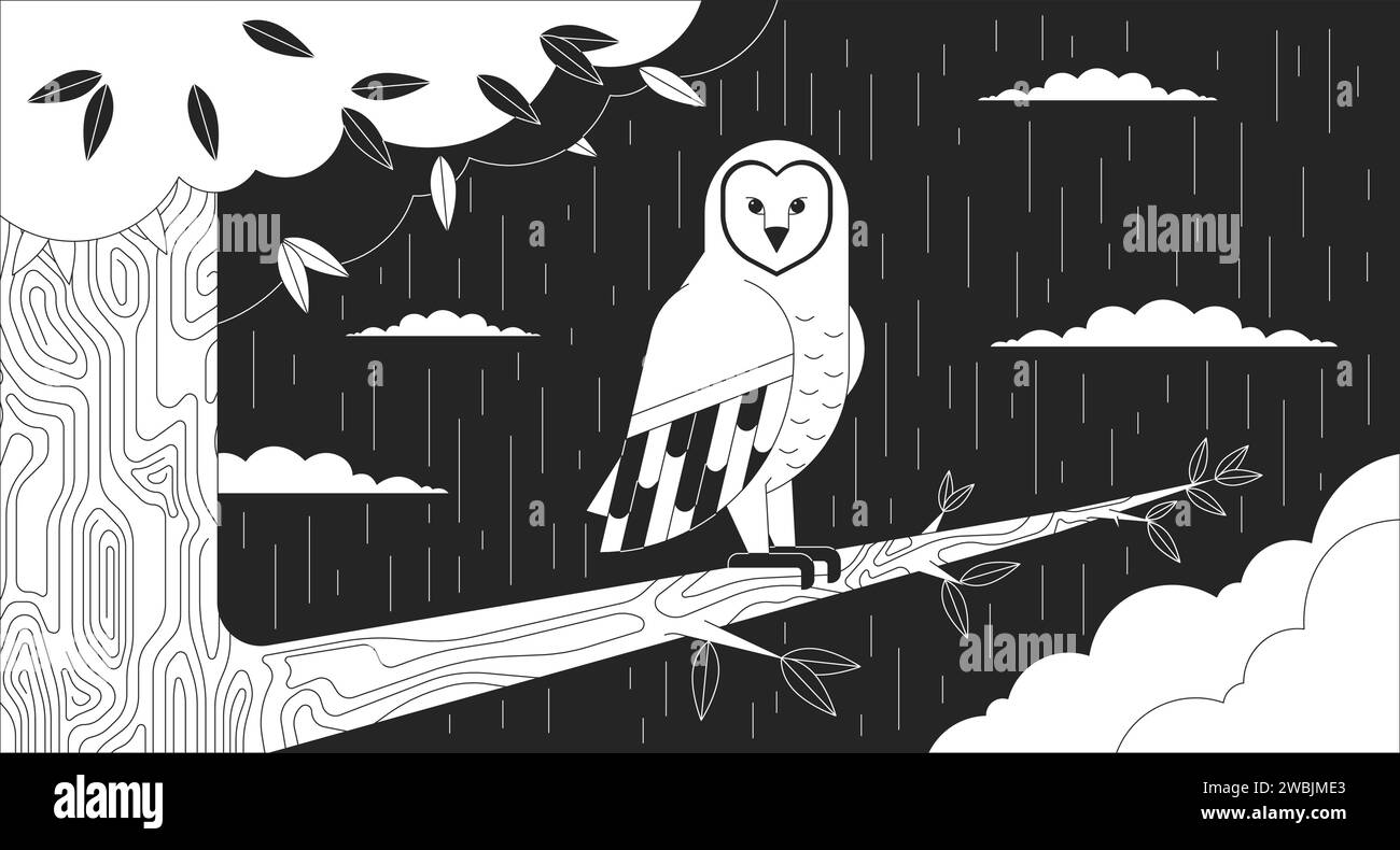 Owl sitting on tree branch in night rainy black and white lofi wallpaper Stock Vector