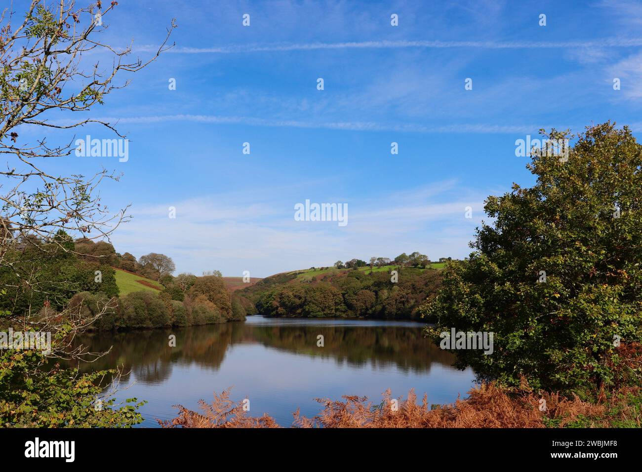 A reservoir and its reflection during the autumn season surrounded by greenery Stock Photo