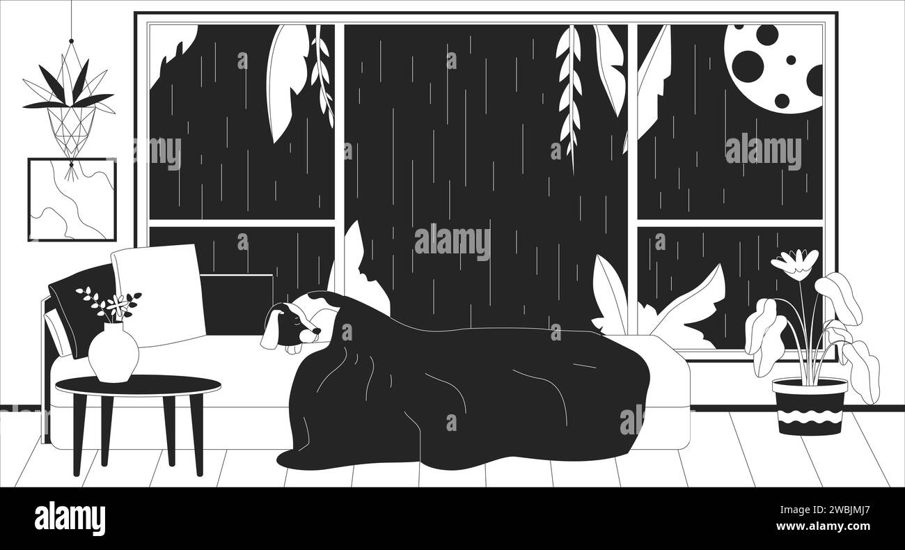 Dog sleeping in bed at night rainy outline 2D cartoon background Stock Vector