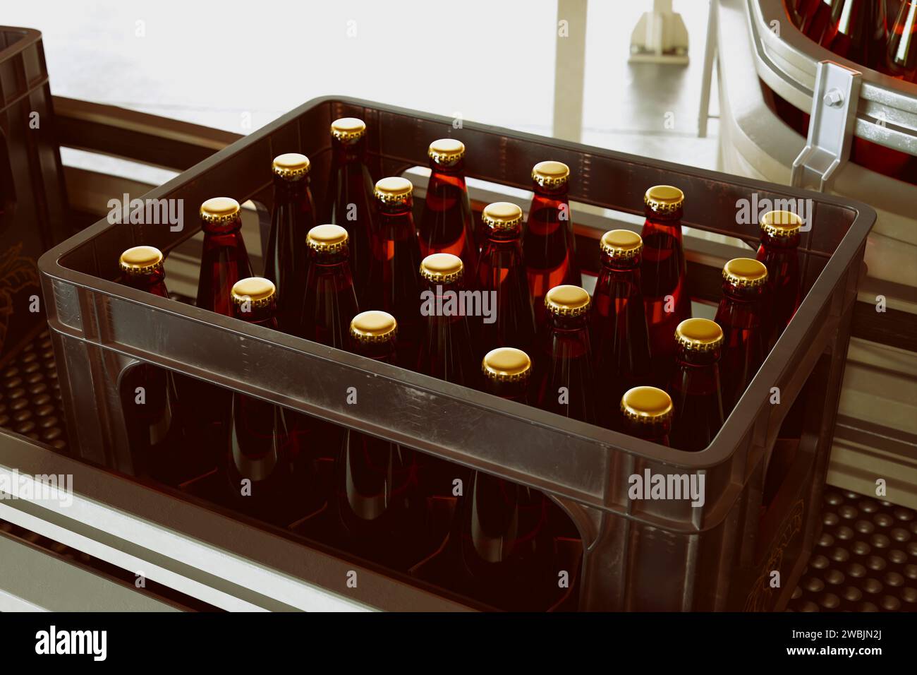 A detailed view of a multitude of glass bottles filled with carbonated ...