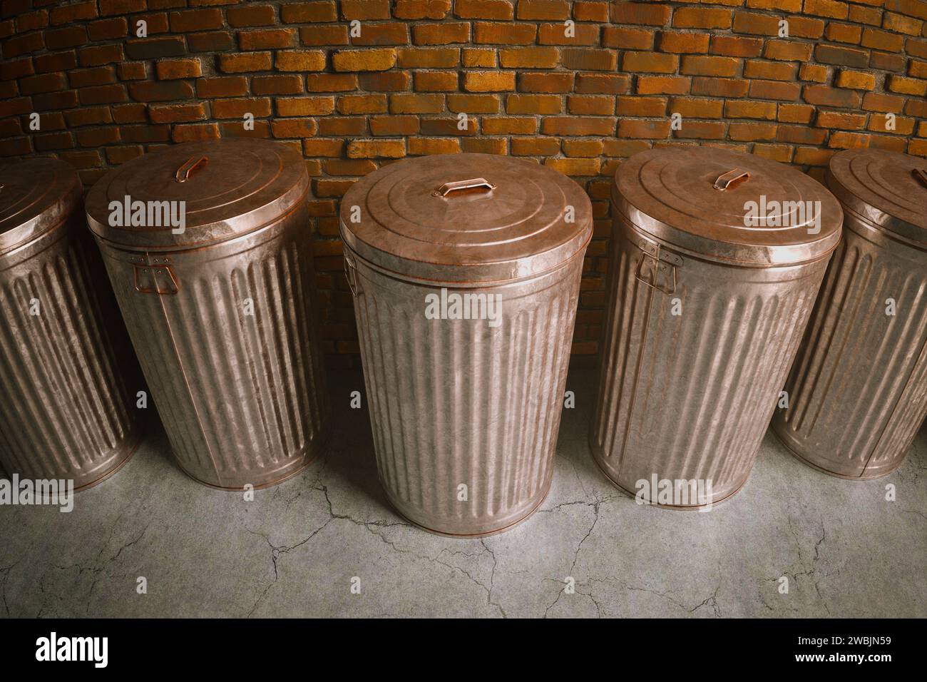 An array of vintagestyle metallic trash bins with fitting lids is