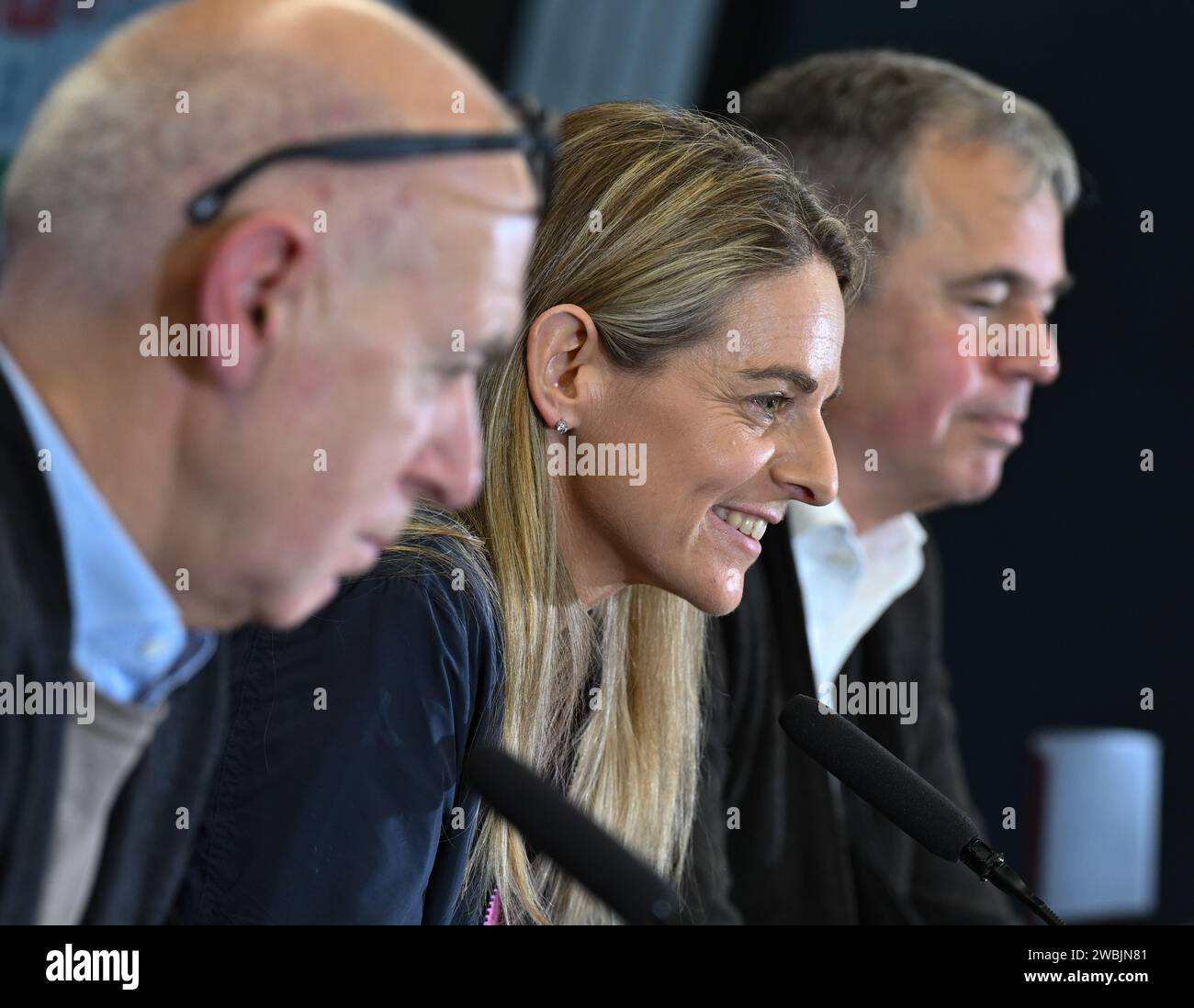 11 January 2024, Hesse, Frankfurt/Main: Nia Künzer (M), new DFB Sports Director for Women's Football, Bernd Neuendorf (l), President of the German Football Association (DFB), and Andreas Rettig, DFB Managing Director Sport, take part in a press conference at the DFB Campus. The 43-year-old former national team player from Wetzlar took up the newly created post on January 1. Photo: Arne Dedert/dpa Stock Photo