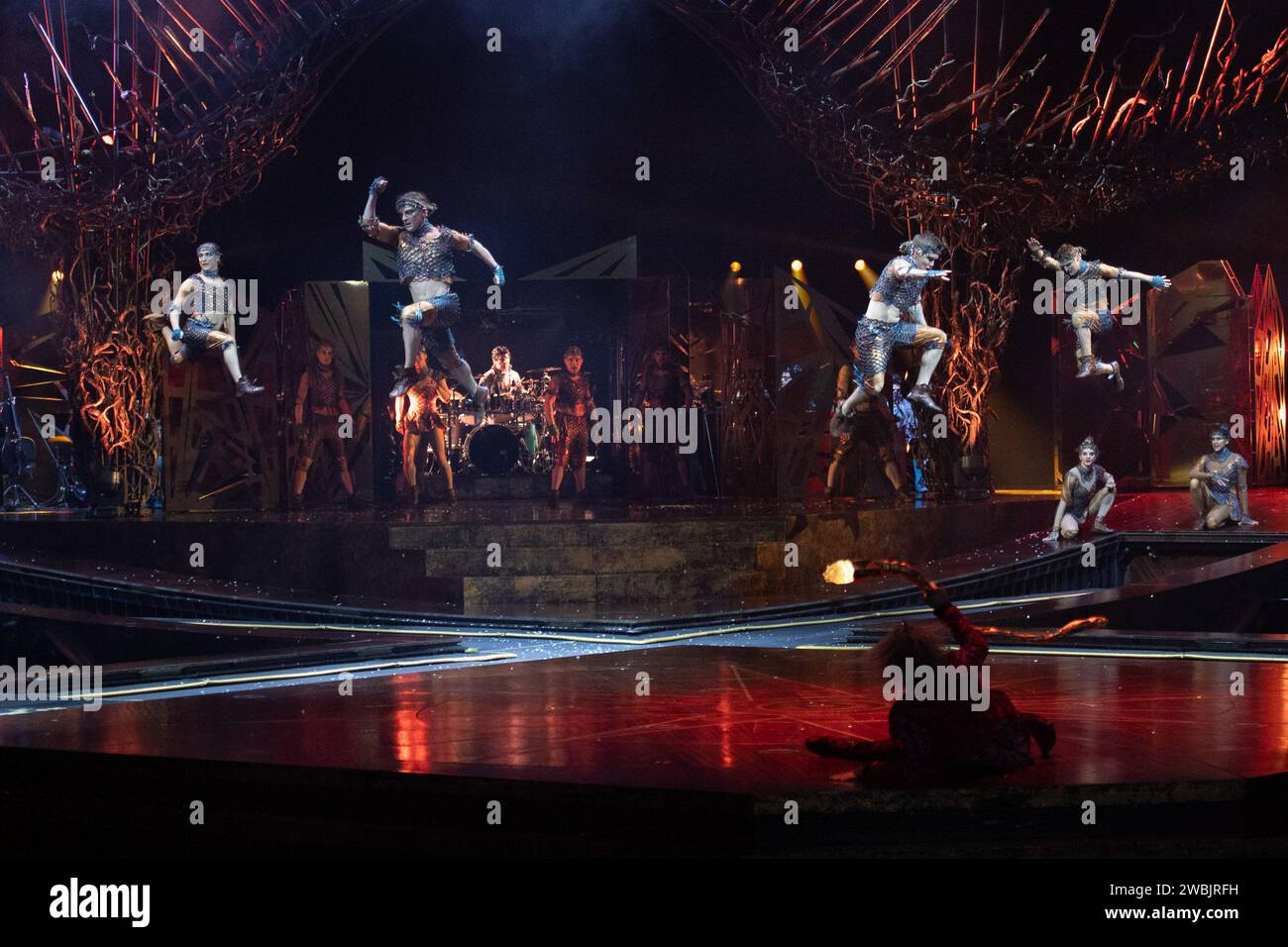 London, UK. 10 Jan, 2024. Pictured: Acrobats perform on the Powertrack at Cirque Du Soleil's 'Alegria - In a New Light' at Royal Albert Hall. Credit: Justin Ng/Alamy Live News Stock Photo