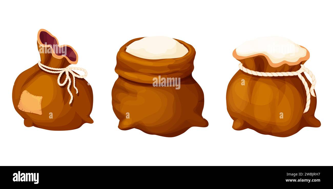 Set sack with flour, wheat powder, open bag with rope in cartoon style