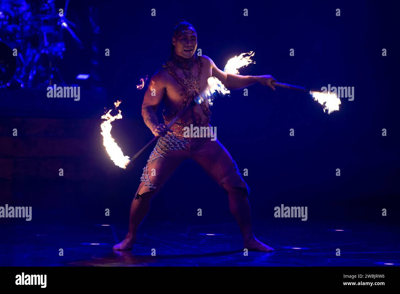 London, UK. 10 Jan, 2024. Pictured: Fire Knife Dancer Falaniko Solomona ...